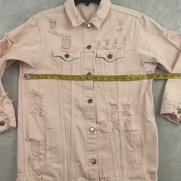 Hot & Delicious Denim Jacket Womens Size Small Pink OversizedDistressed ButtonUp - Picture 5 of 11